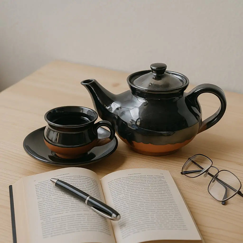 Black teapot, cup, and glasses on a wooden table with an open book and pen.