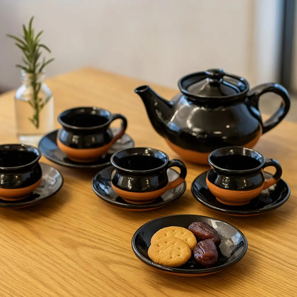 Dirtique: Handmade Black Glazed Terracotta Tea Set – 650 ml Kettle with 4 Cups & 4 Saucers