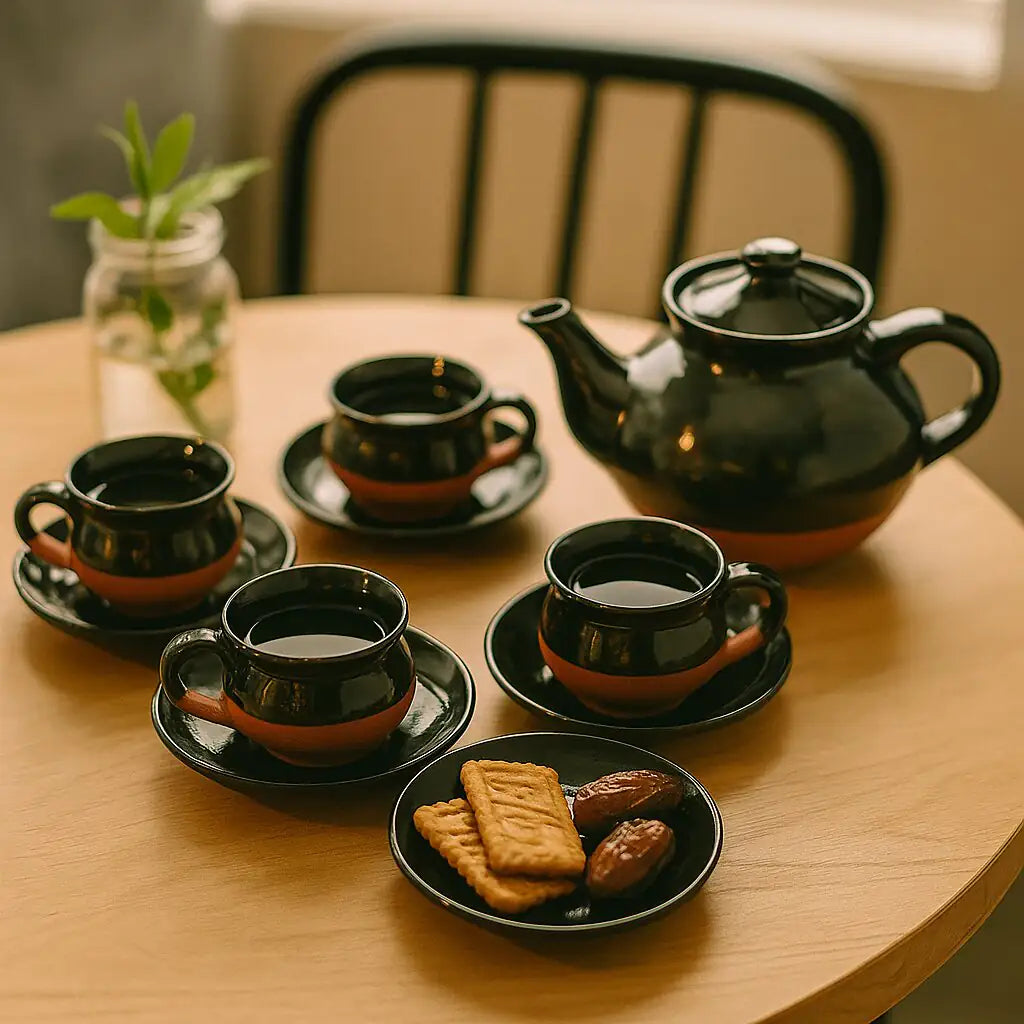 Dirtique: Handmade Black Glazed Terracotta Tea Set – 650 ml Kettle with 4 Cups & 4 Saucers