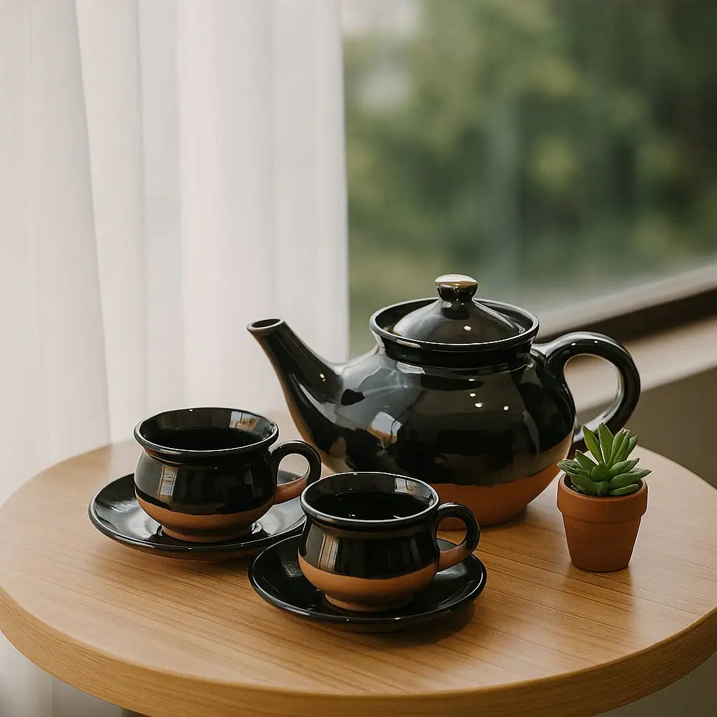 Dirtique: Handmade Black Glazed Terracotta Tea Set – 650 ml Kettle with 4 Cups & 4 Saucers
