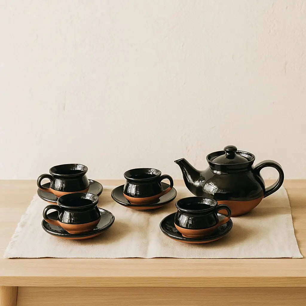 Dirtique: Handmade Black Glazed Terracotta Tea Set – 650 ml Kettle with 4 Cups & 4 Saucers