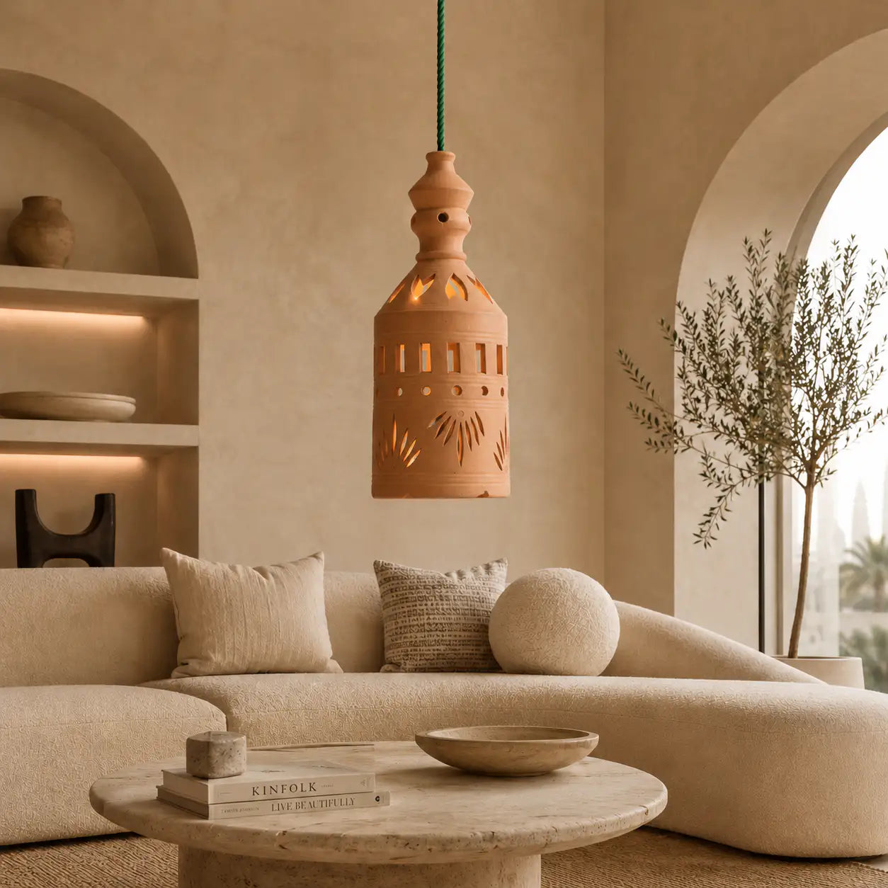 Terracotta lantern pendant light shell in modern UAE living room décor