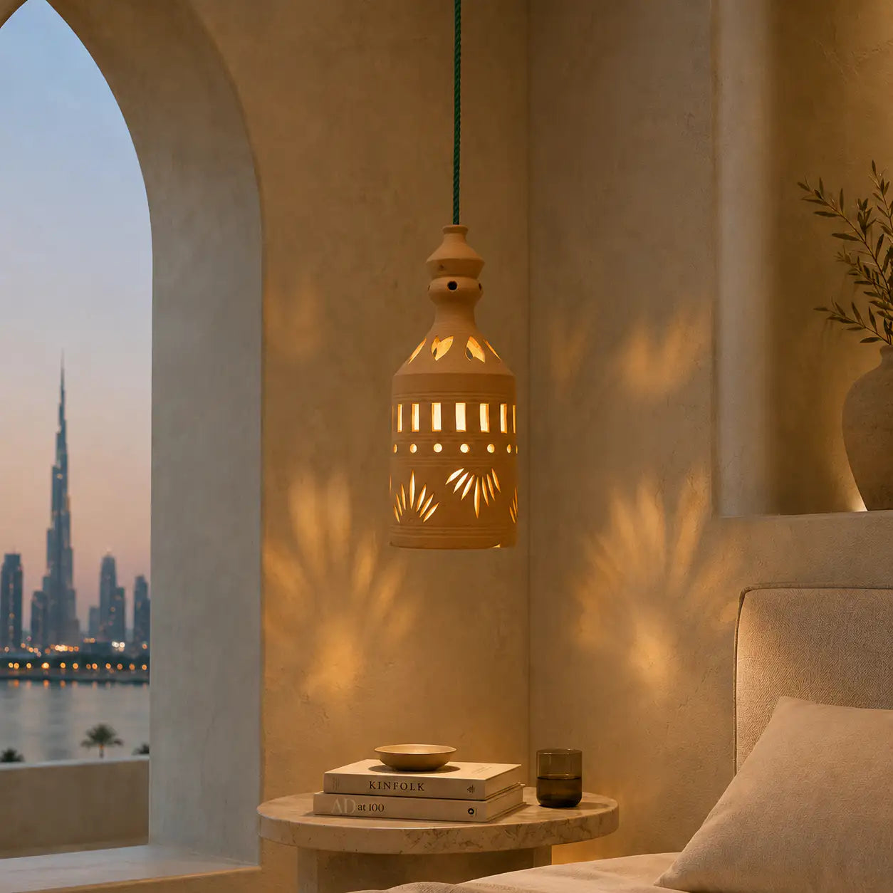 Handmade clay hanging lamp shade creating warm wall patterns