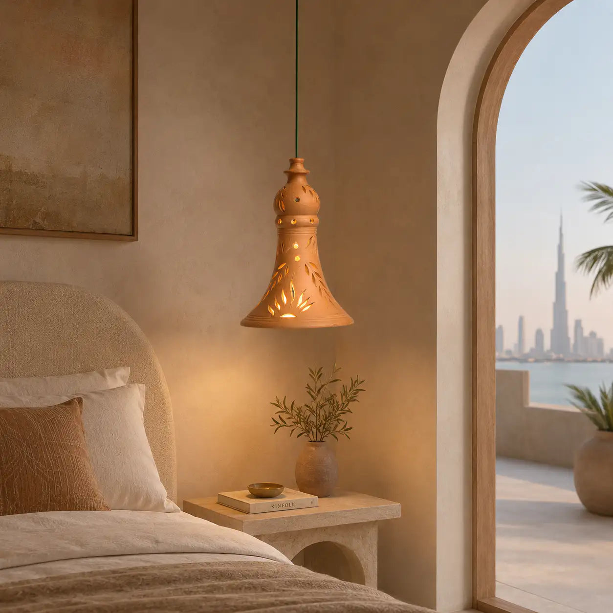 Modern bedroom with a pendant light, bed, and cityscape view.