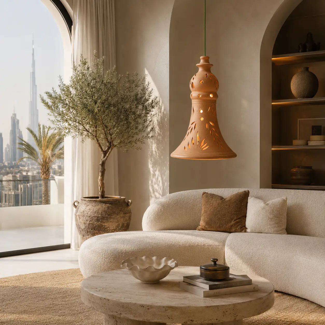Terracotta bell pendant light shell in modern UAE living room décor