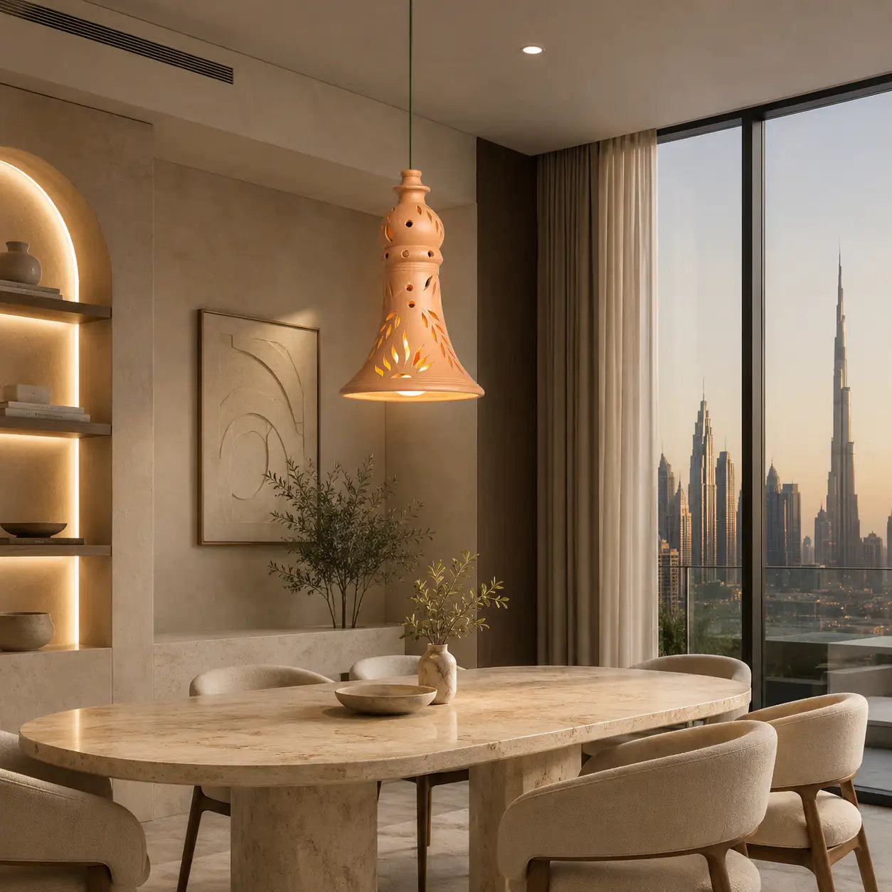 Handmade clay hanging lamp shade above dining table with city view