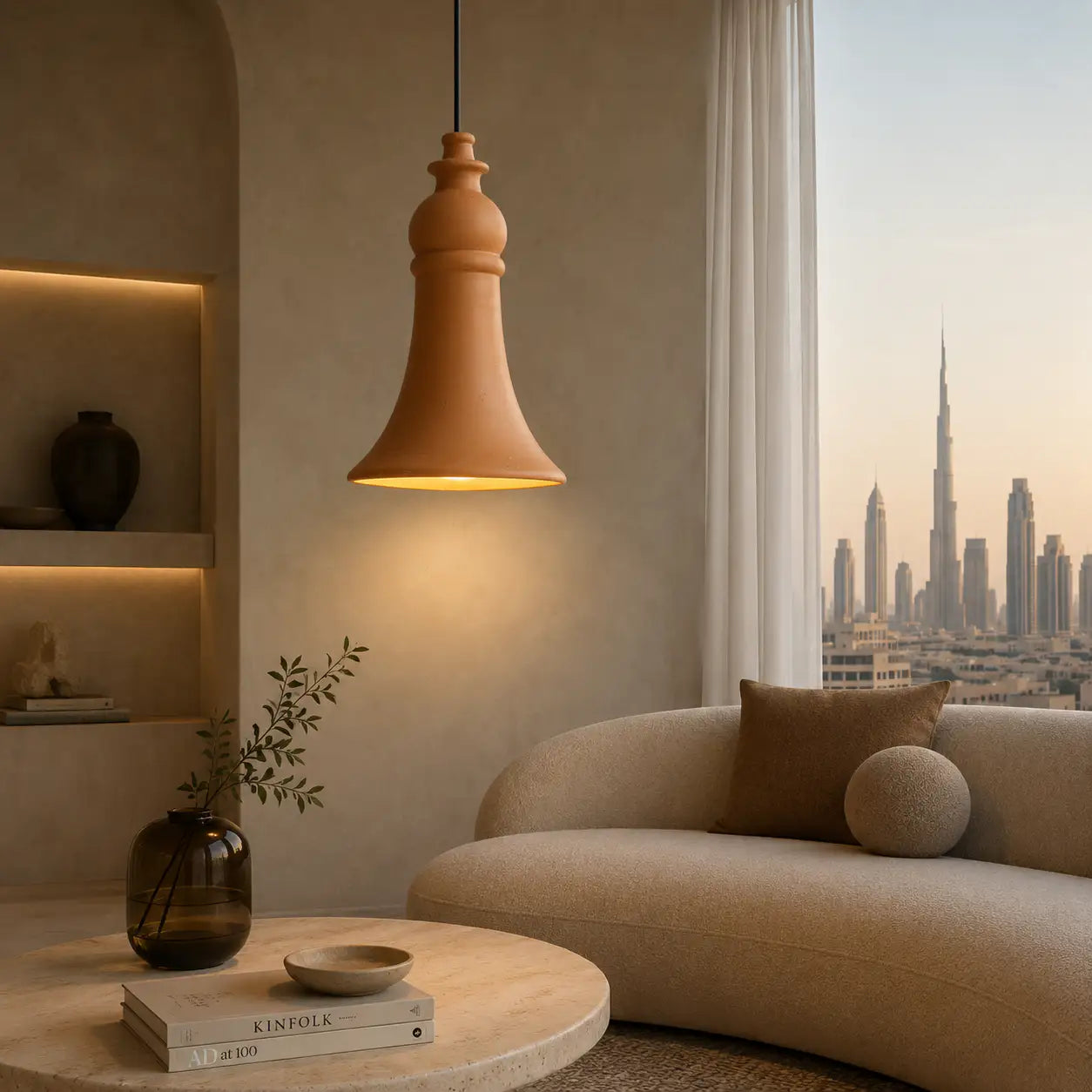Handmade clay bell pendant shell on balcony with warm evening ambience