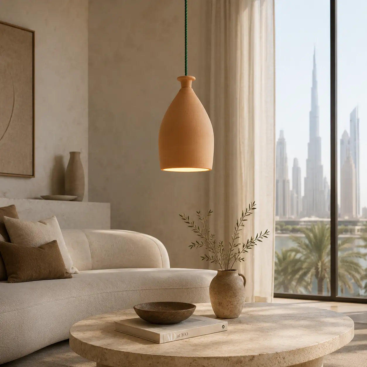 Handmade clay pendant shell in modern living room with Dubai view