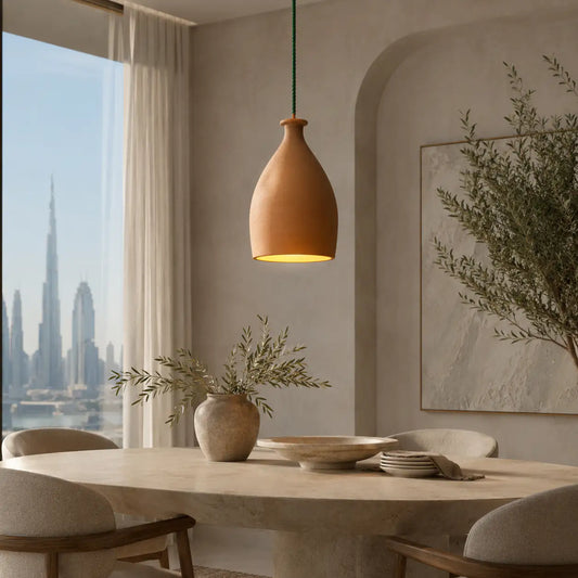 Elara handmade terracotta teardrop pendant light shell front view