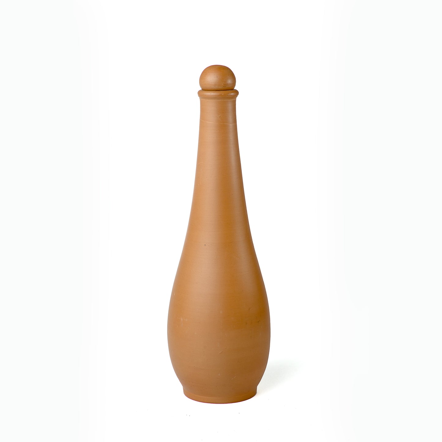 Front view of Crimson Noir 1 litre handmade terracotta water bottle with stopper