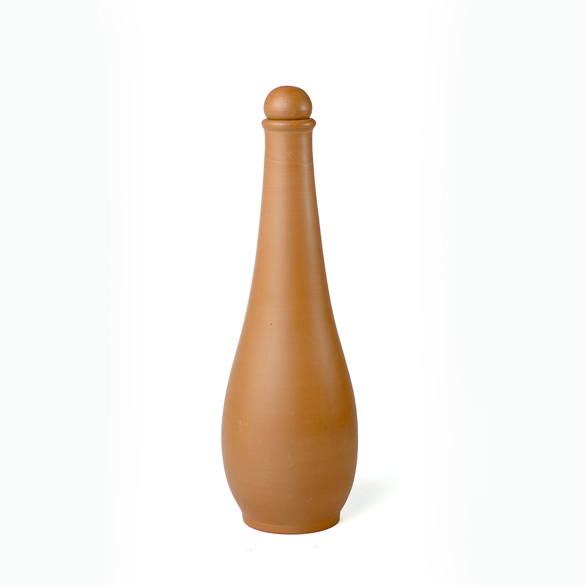 Front view of Crimson Noir 1 litre handmade terracotta water bottle with stopper