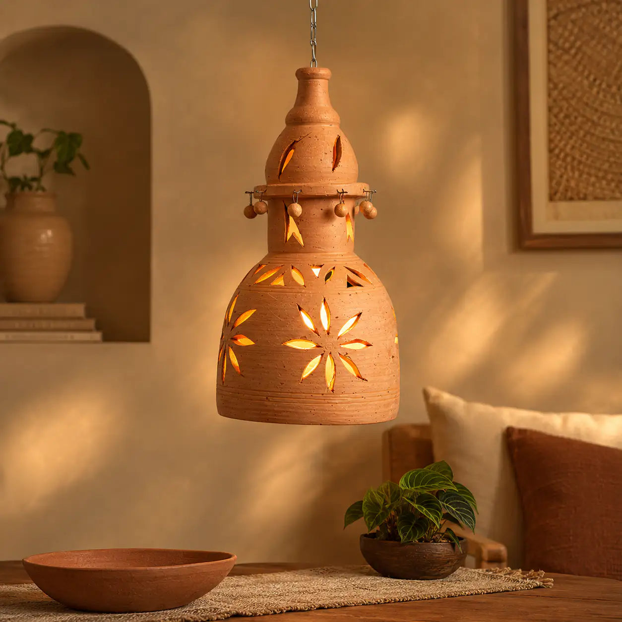 Terracotta hanging lamp shade creating warm light patterns on patio wall