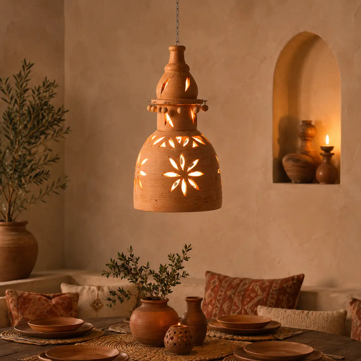 Handmade clay pendant light shell with floral cutwork for majlis decor