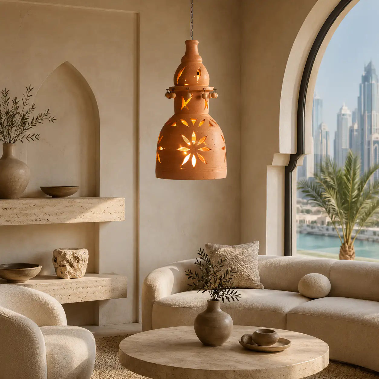 Zahra handmade terracotta pendant light shell with warm balcony ambience