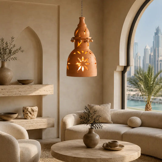 Zahra handmade terracotta pendant light shell with warm balcony ambience