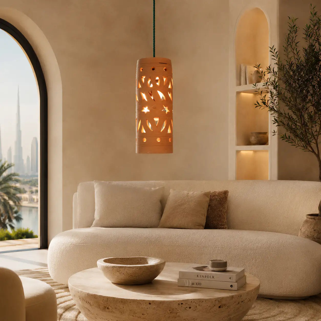 Terracotta cylinder pendant light shell in modern UAE living room décor