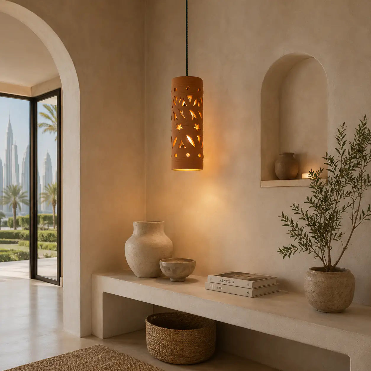 Modern interior with a pendant light, vases, books, and a plant in a room with a view of skyscrapers.