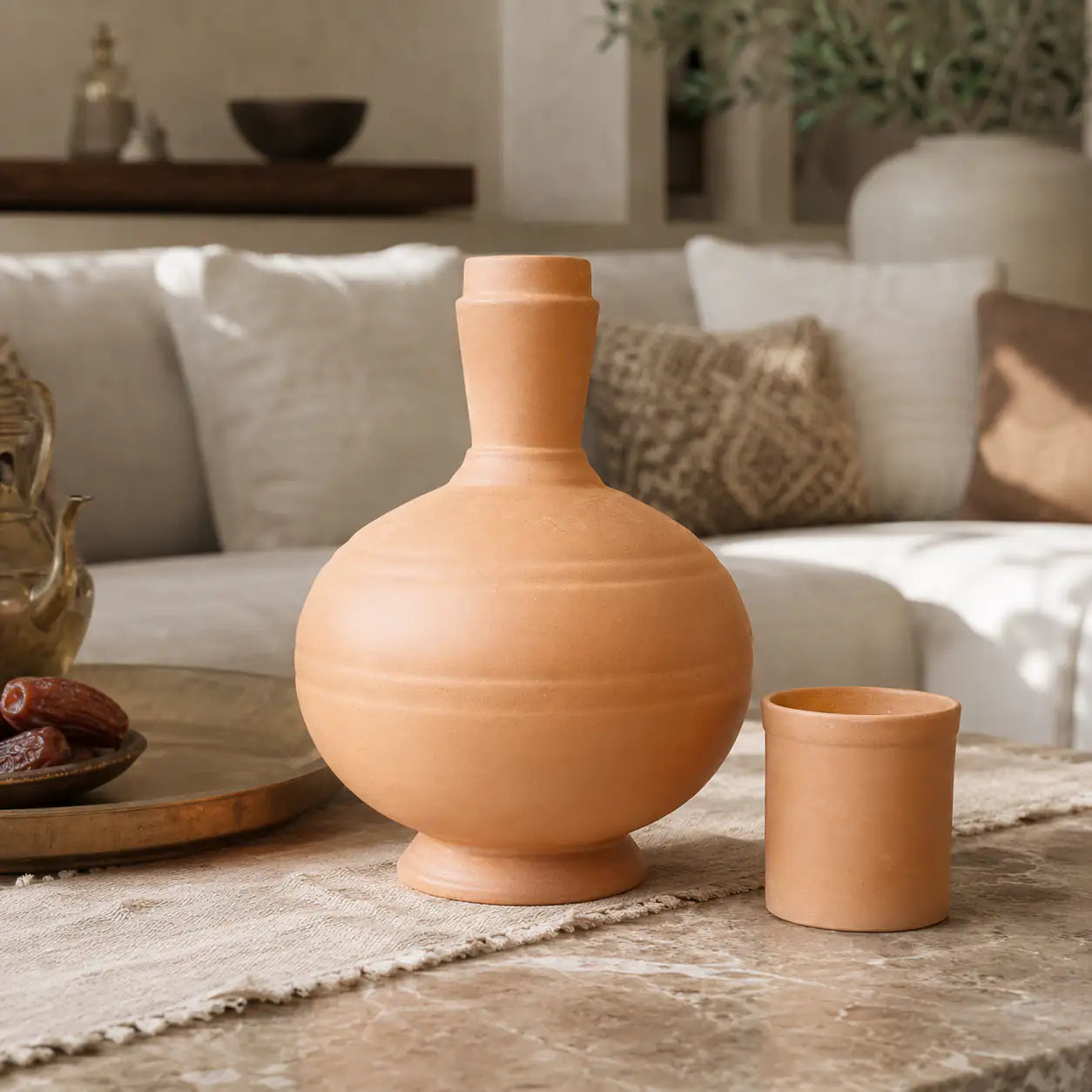 Terracotta Surahi and cup on a coffee table with a couch and decorative items in the background