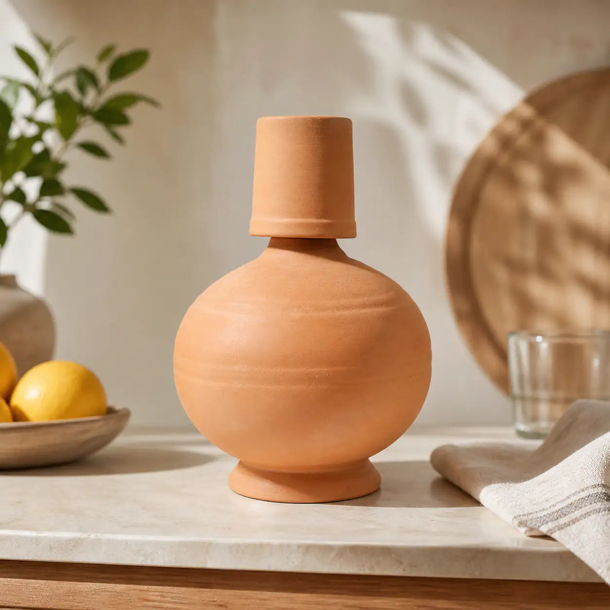 Handmade terracotta surahi 4L with clay cup on neutral living room table