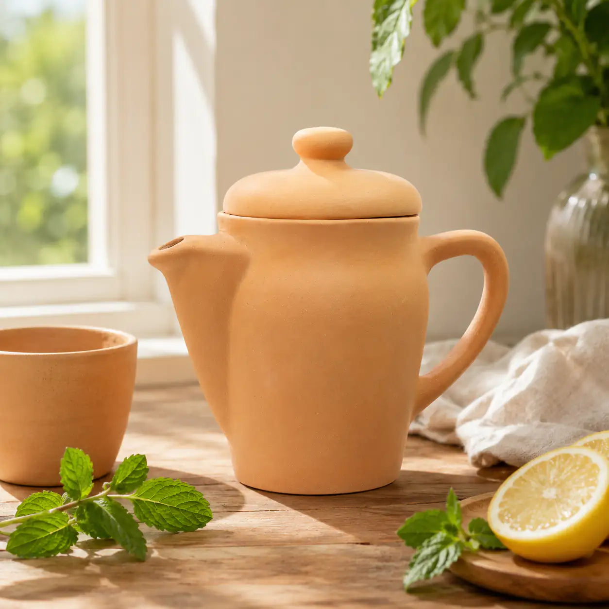 Terracotta teapot and cup on a wooden surface with lemon and mint leaves, natural light.