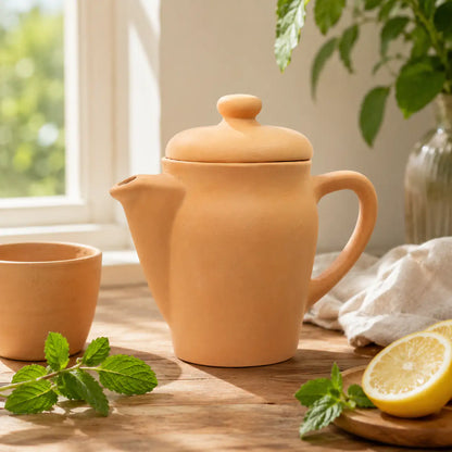 Terracotta teapot and cup on a wooden surface with lemon and mint leaves, natural light.