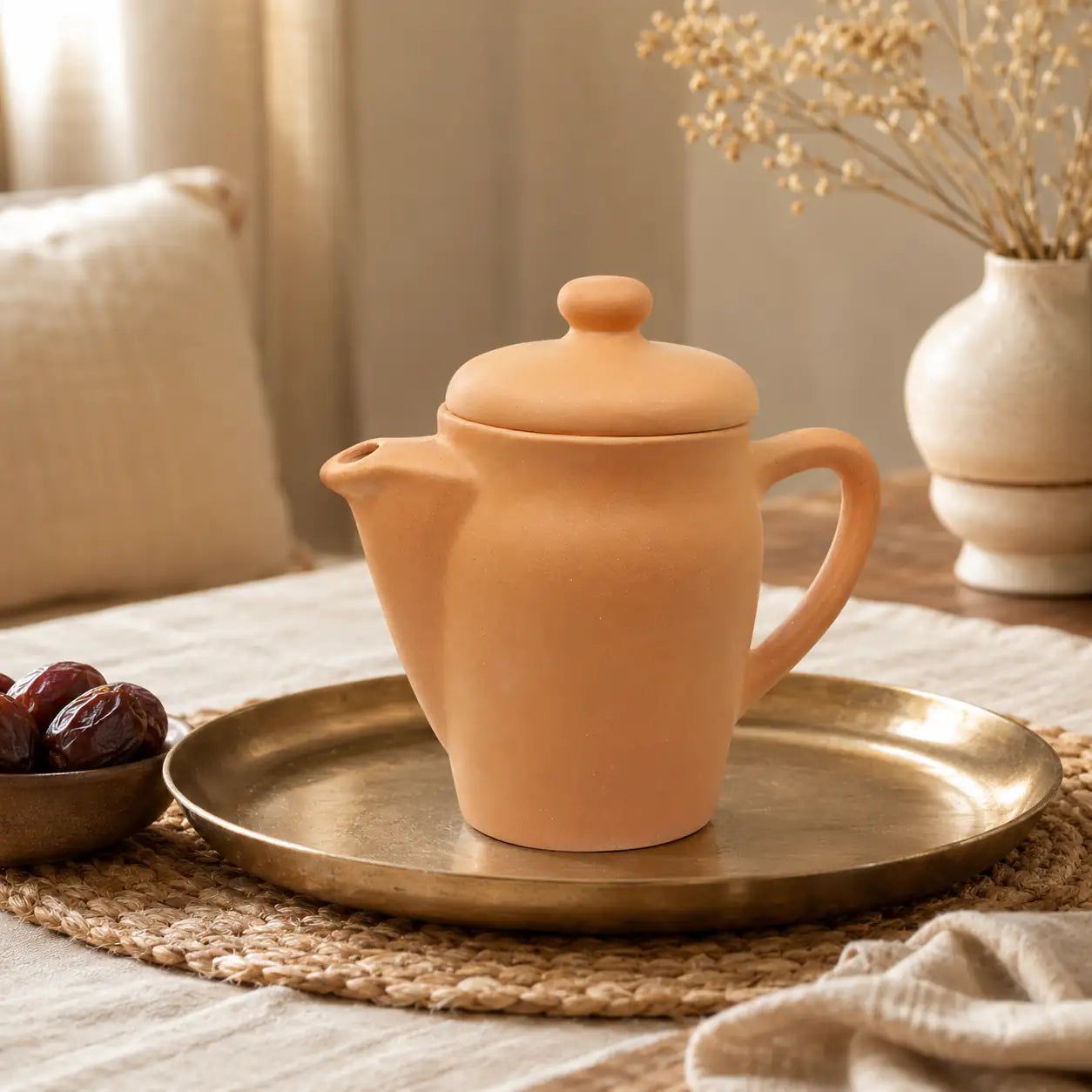 Terracotta teapot on a gold tray with dried dates and a vase in the background