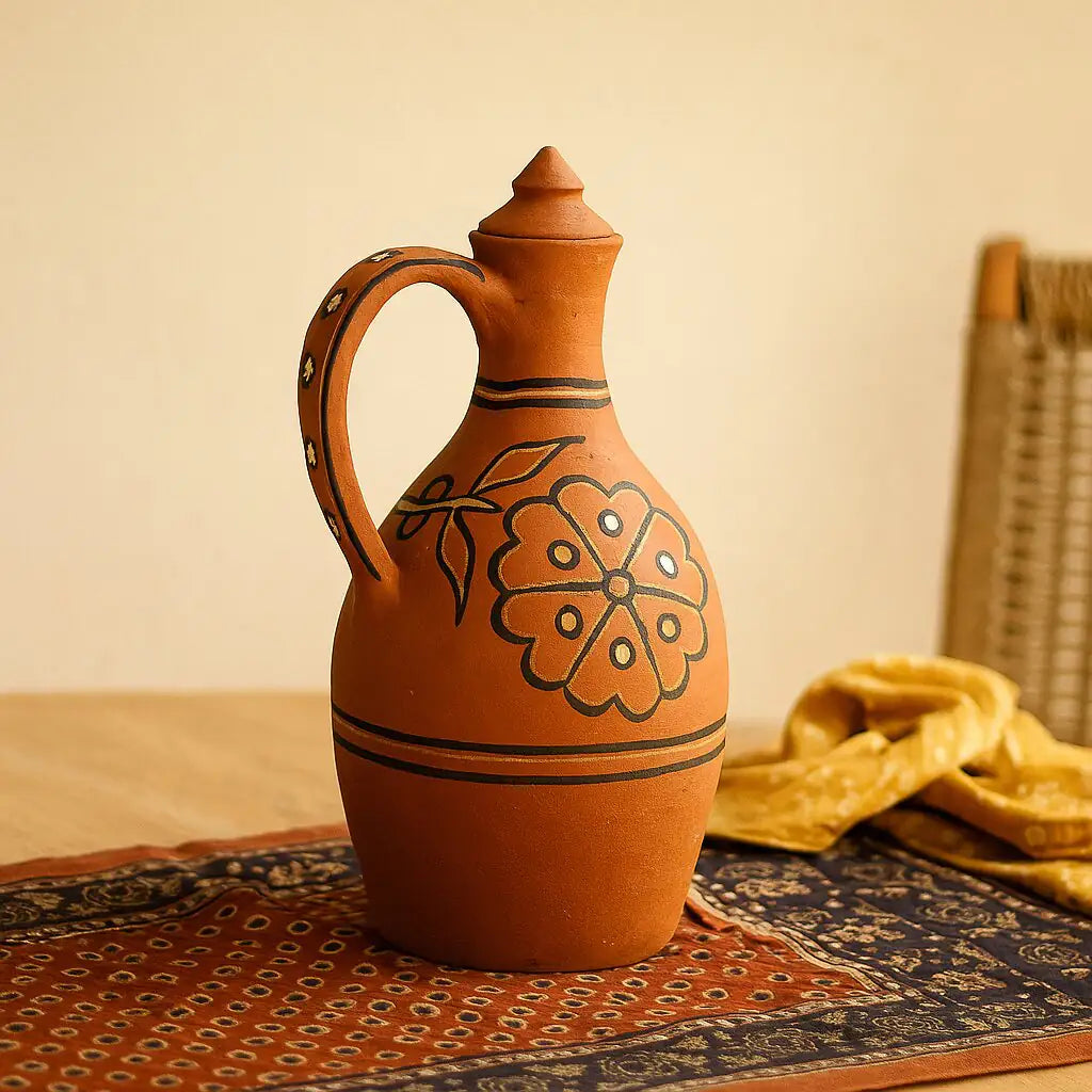 Terracotta pitcher with floral design on a patterned surface