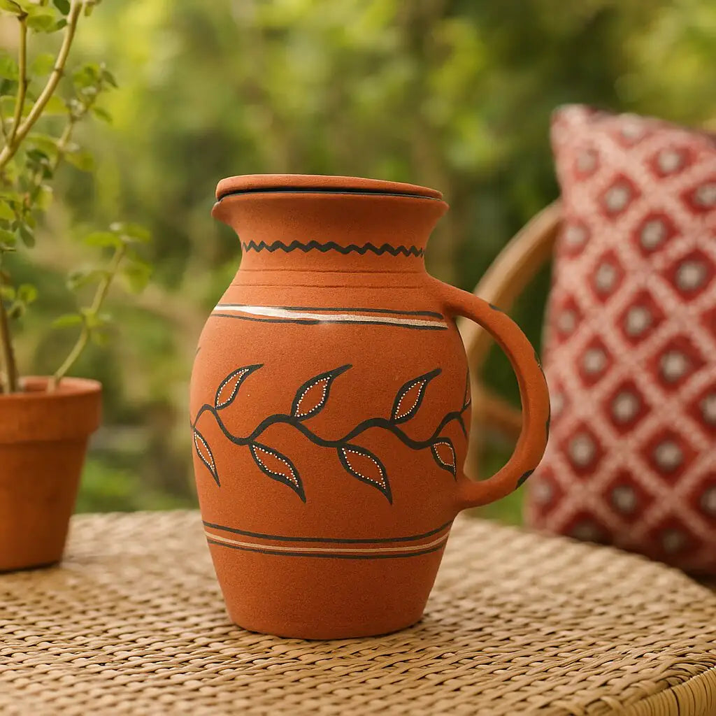 Terracotta pitcher with leaf patterns on a woven surface outdoors