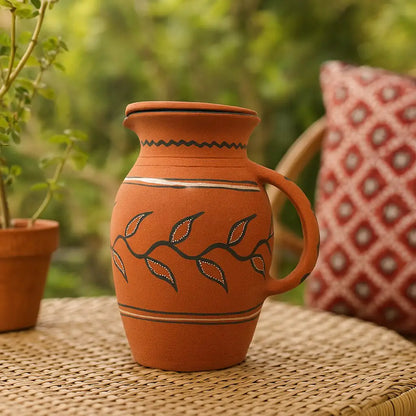 Terracotta pitcher with leaf patterns on a woven surface outdoors