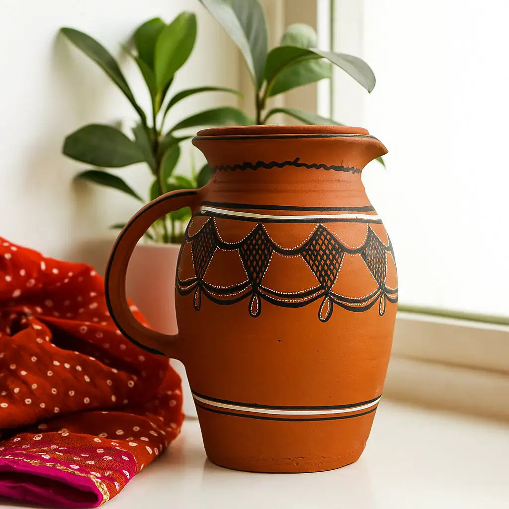 Terracotta pitcher with decorative patterns on a surface with a plant in the background