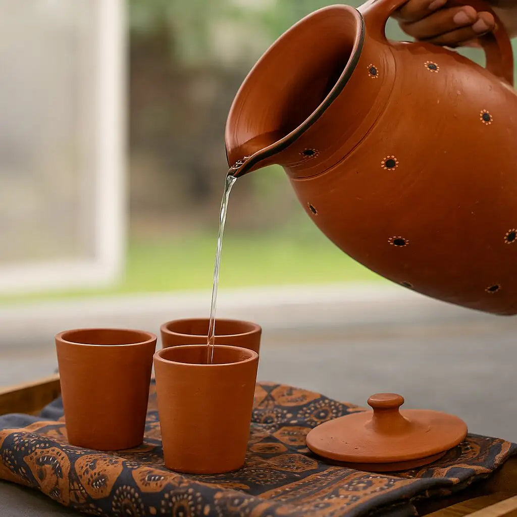 Terracotta teapot pouring tea into three terracotta cups on a patterned cloth.