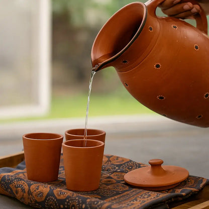 Terracotta teapot pouring tea into three terracotta cups on a patterned cloth.