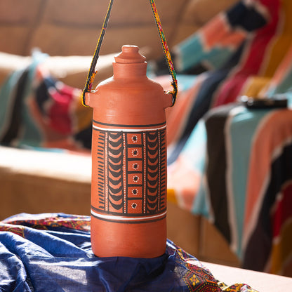 DhaaroVibes: Raahi – Hand-Painted Terracotta Water Bottle with Carry Strap (1L) | ARK Naturals