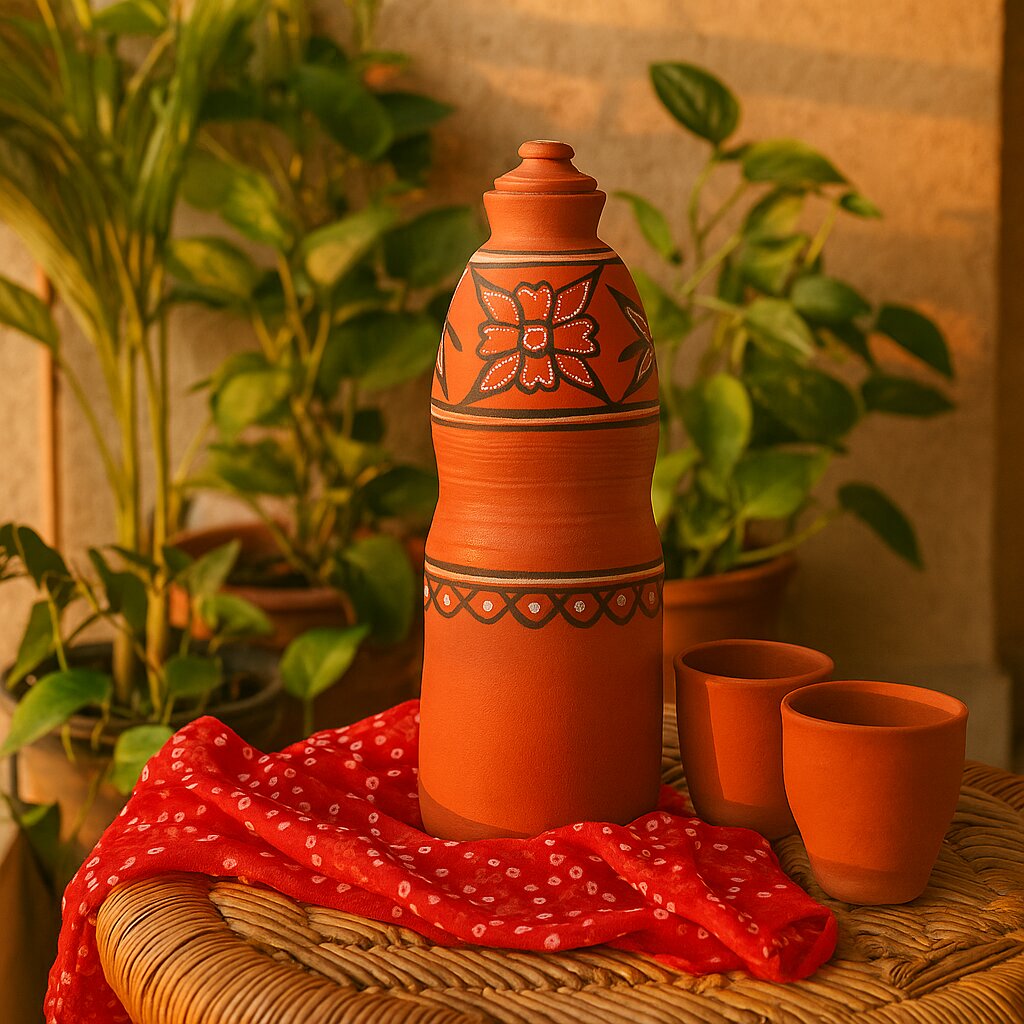 DhaaroVibes: Gulbaano – Hand-Painted Terracotta Water Bottle (1100ml) | ARK Naturals