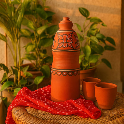 DhaaroVibes: Gulbaano – Hand-Painted Terracotta Water Bottle (1100ml) | ARK Naturals