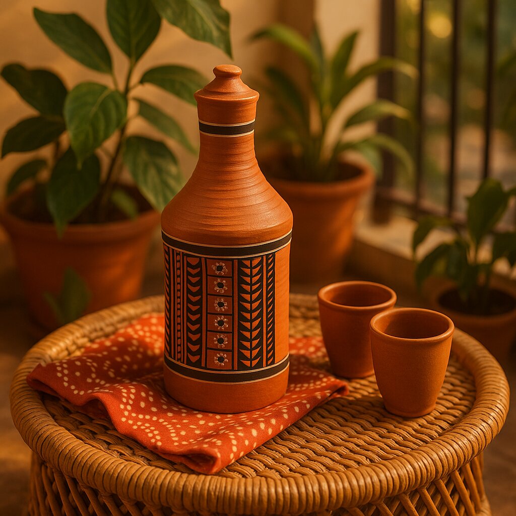 DhaaroVibes: Sitara Mark – Hand-Painted Terracotta Water Bottle (1L) | ARK Naturals