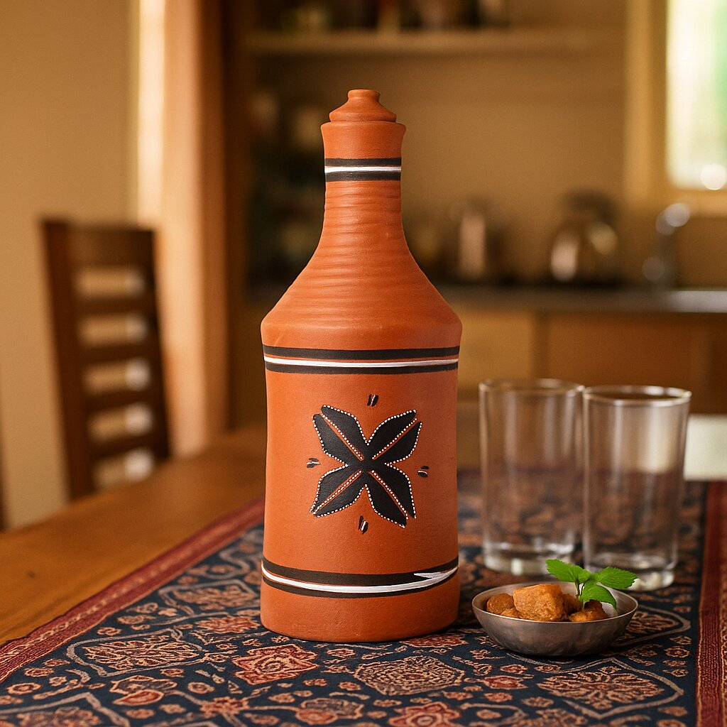 DhaaroVibes: Sitara Mark – Hand-Painted Terracotta Water Bottle (1L) | ARK Naturals