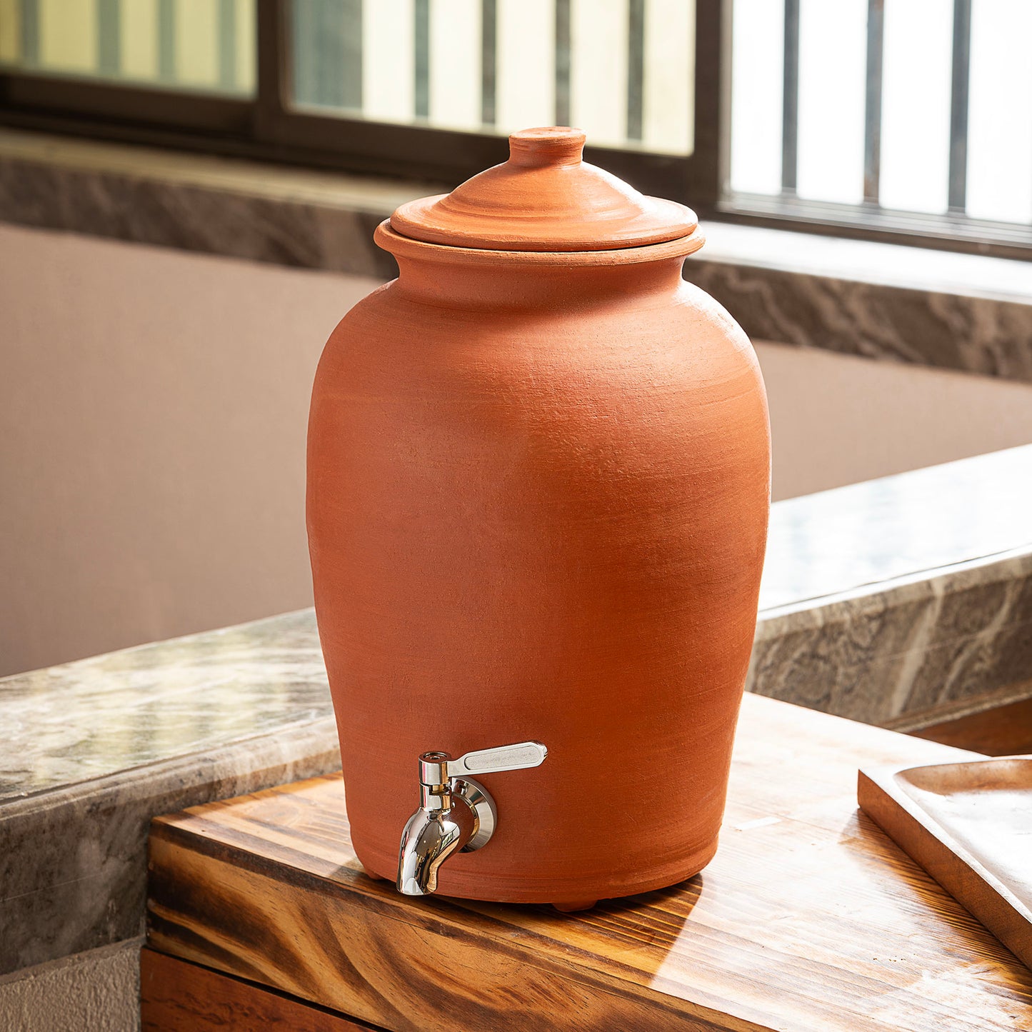 Handmade 5 litre clay water dispenser with tap and lid by ARK Naturals