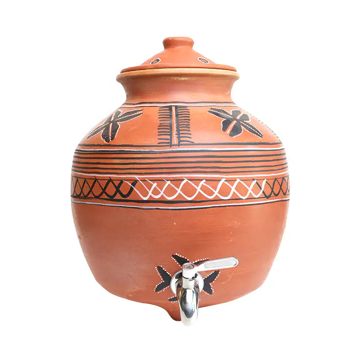 Handmade clay matka with traditional hand-painted design