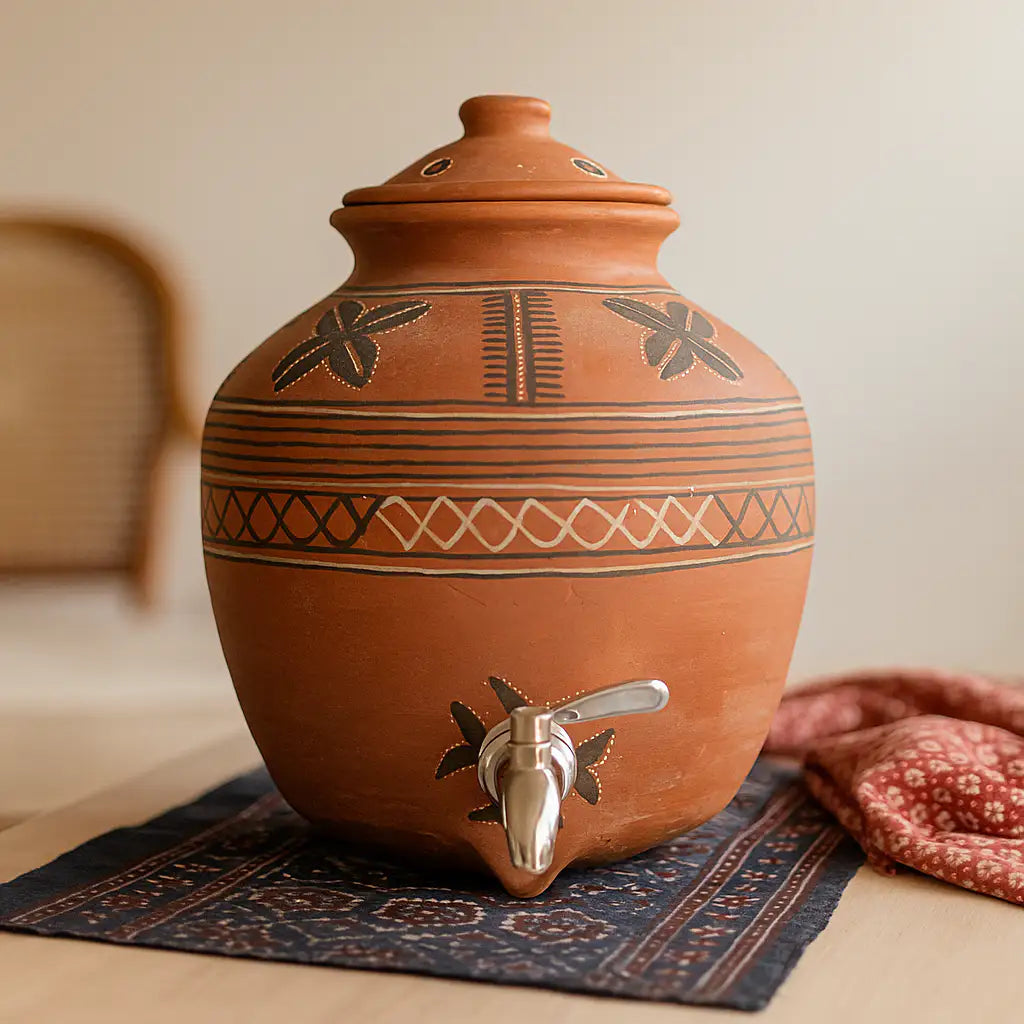 DhaaroVibes 9 Liter hand-painted terracotta water matka front view