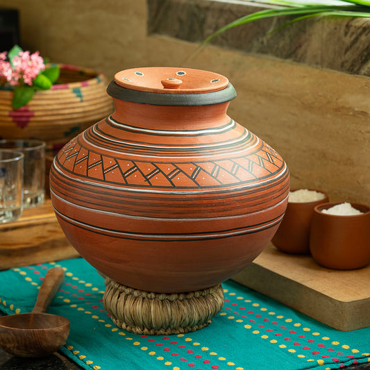 DhaaroVibes traditional hand-painted terracotta water matka with lid approx 8L