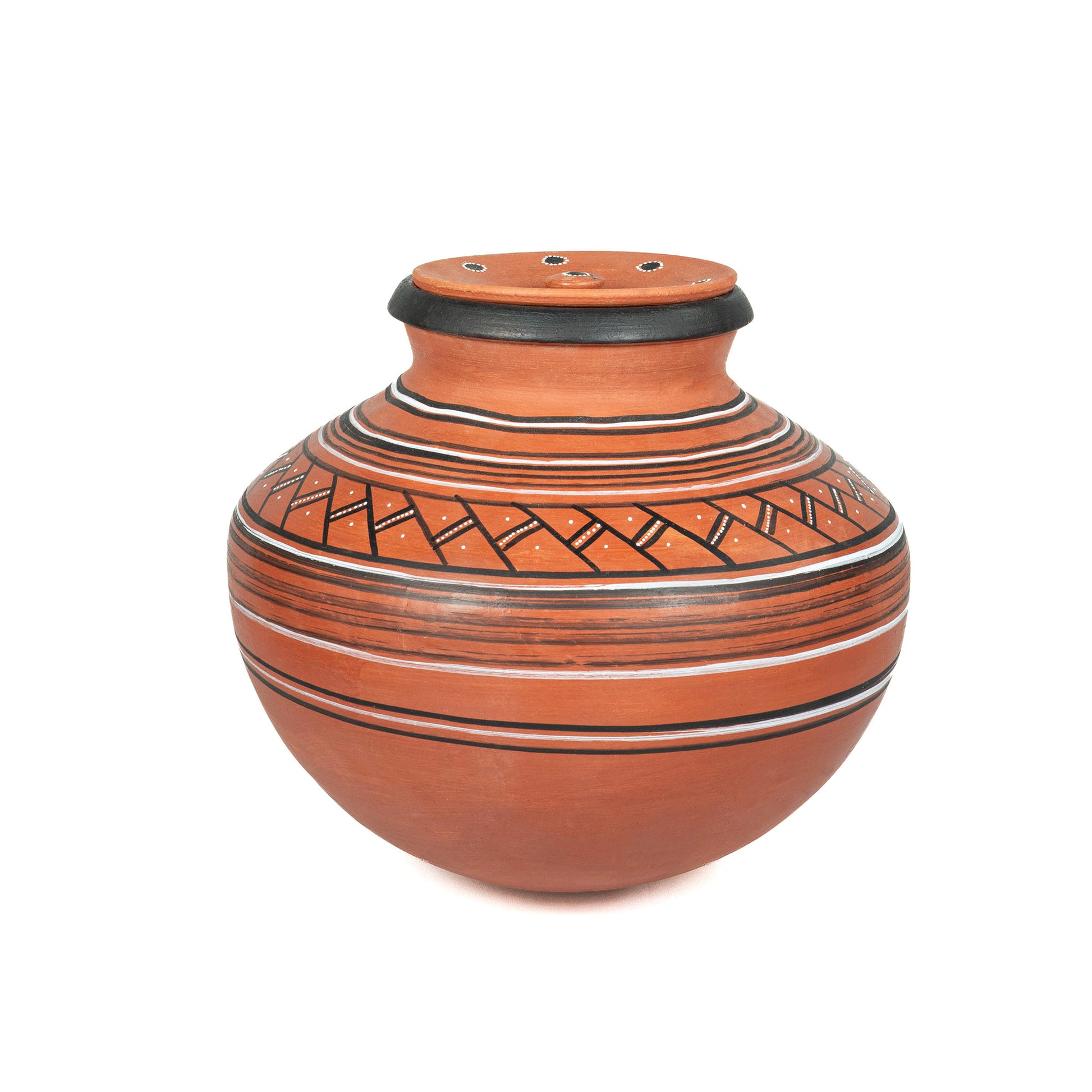 Hand-painted 8L terracotta clay water pot in traditional home setting