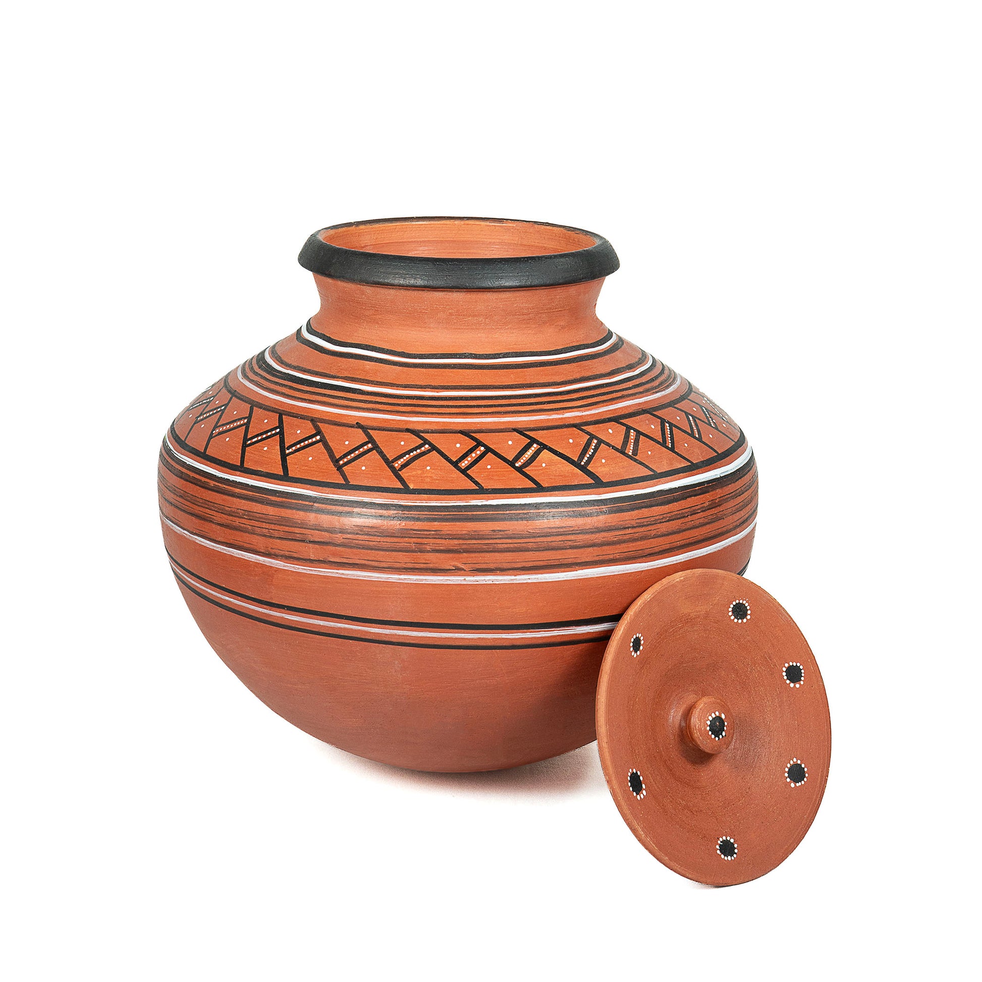 Traditional handmade terracotta matka water pot with folk-inspired painted design