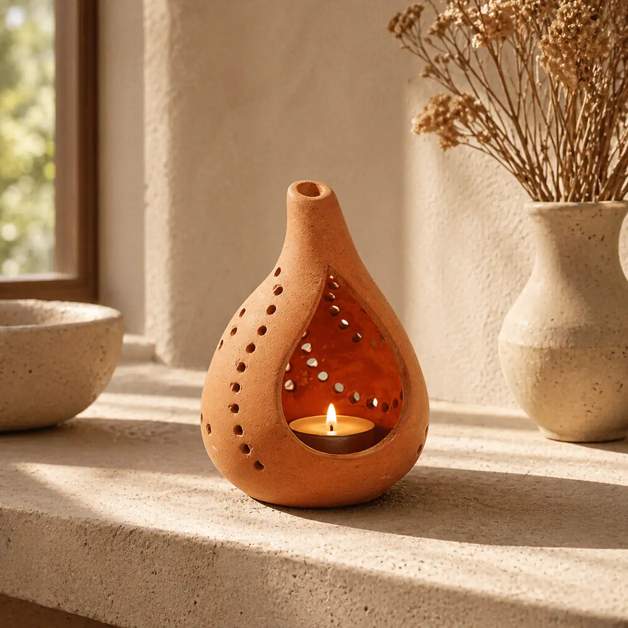 Handmade clay tealight holder with open front and cutwork design