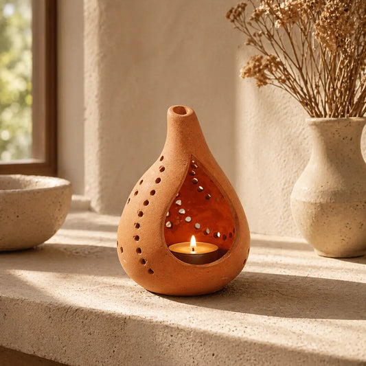 Handmade clay tealight holder with open front and cutwork design
