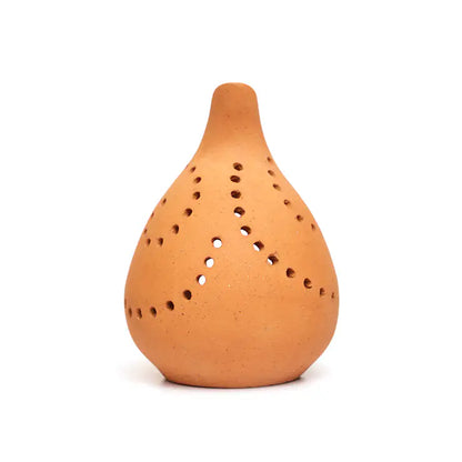 Back view of handmade terracotta droplet candle holder with perforations