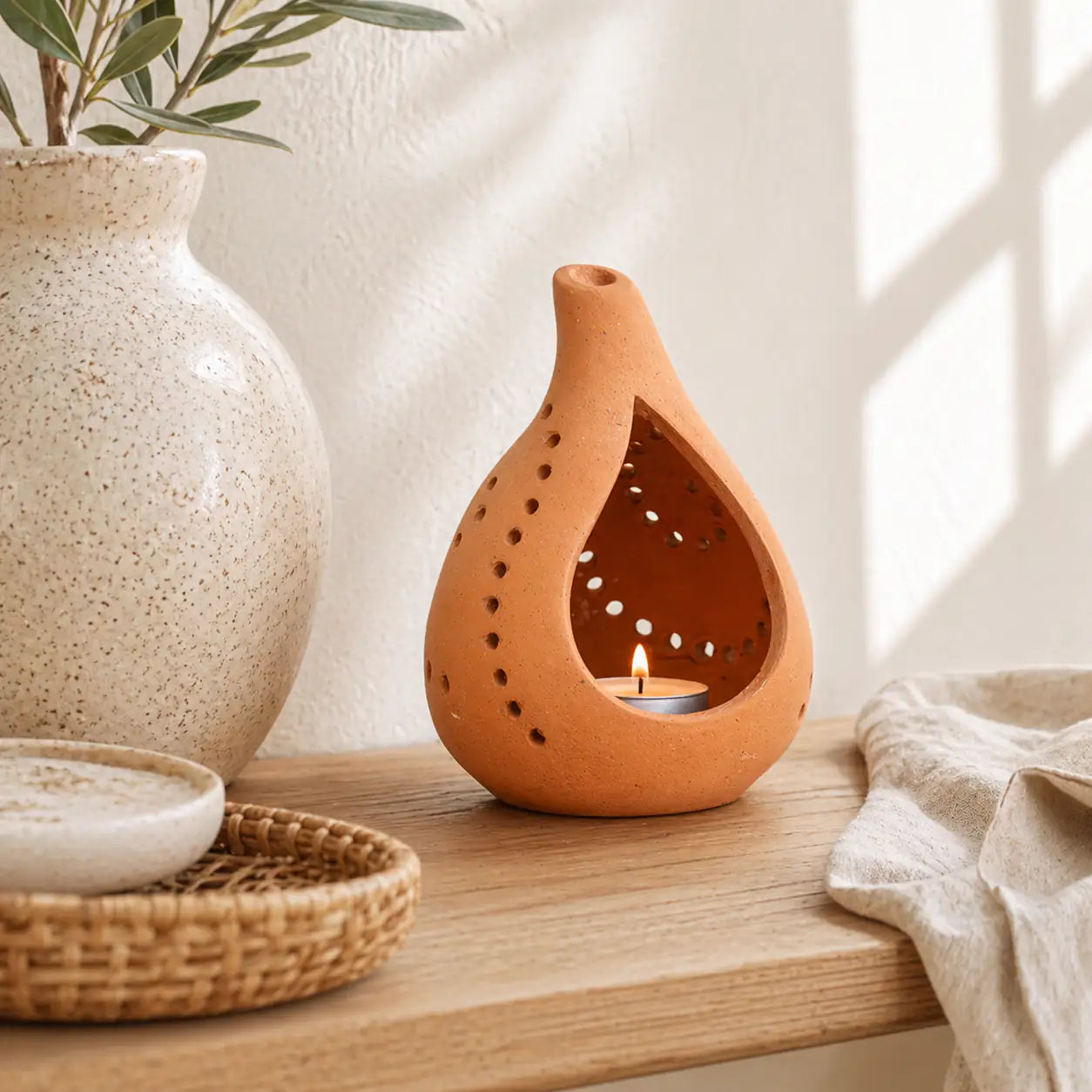 Handmade terracotta droplet tealight holder styled on wooden table