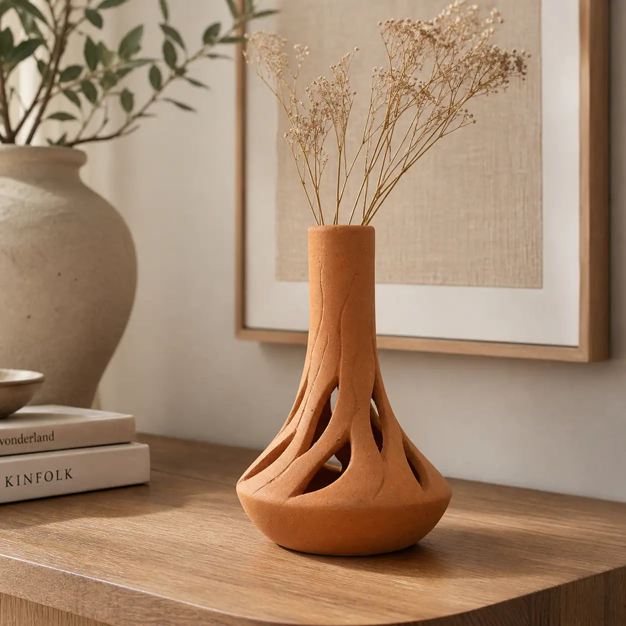 Amour Eclat terracotta vase styled with dried flowers on wooden console