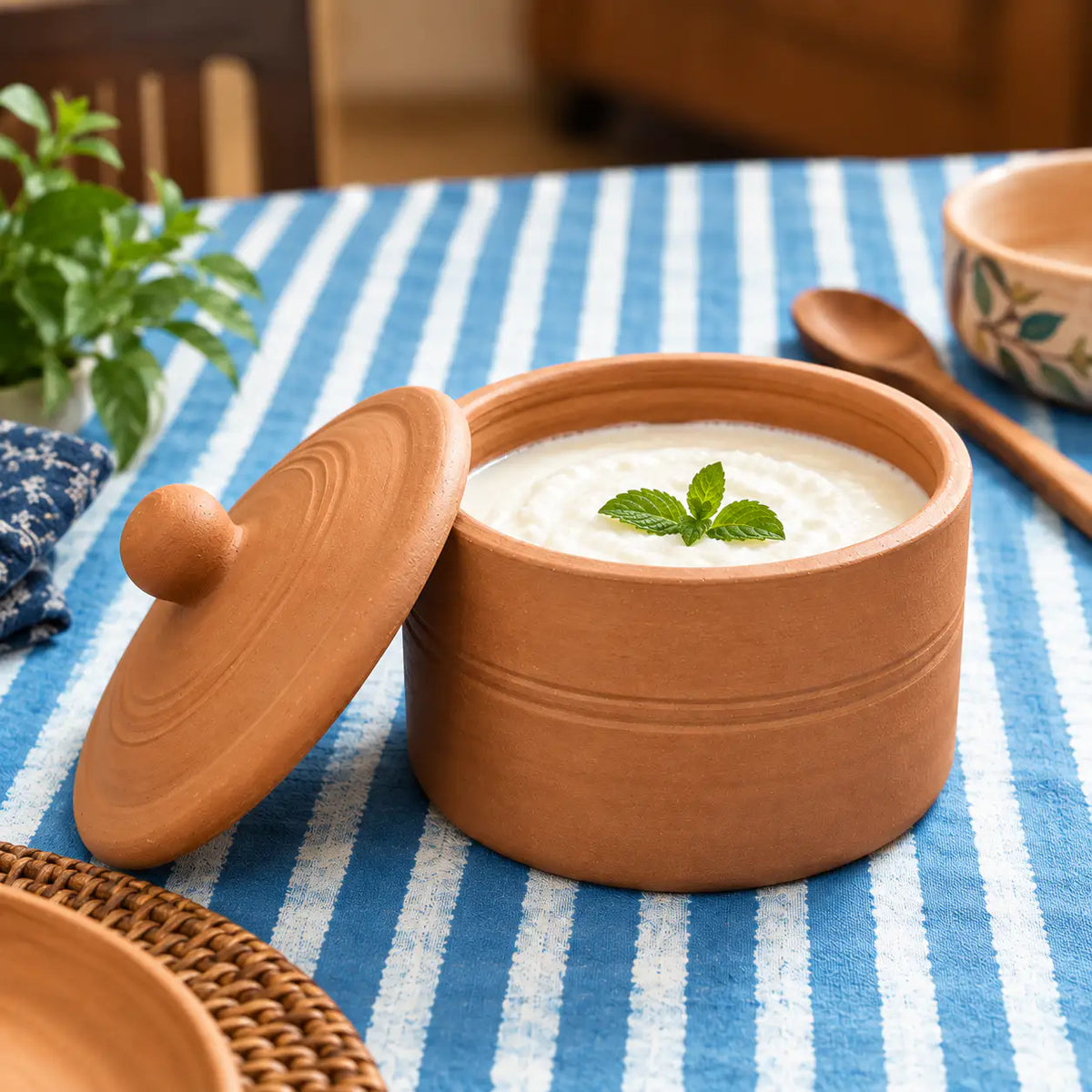 Handmade terracotta curd pot filled with homemade yoghurt and clay lid