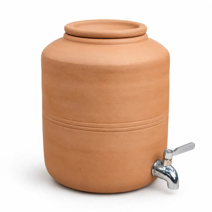 Handmade clay water dispenser with metal tap and terracotta lid 6 liters
